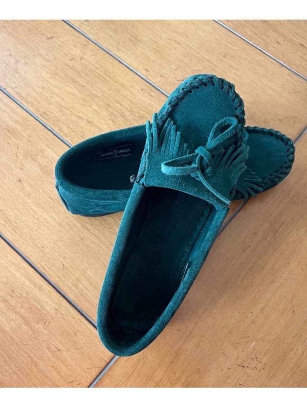 MINNETONKA Suede Forest Green Moccasin Loafers with Bow and Fringe